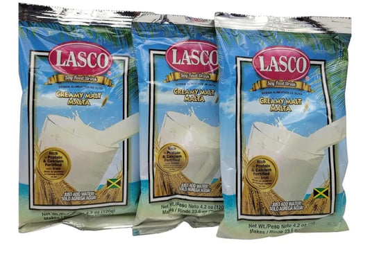 Three packages of Lasco Creamy Malt Maida on a white background